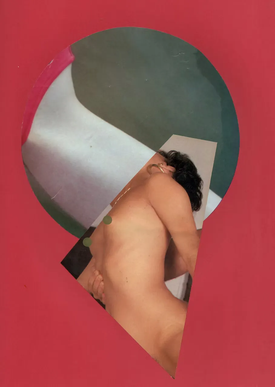 Collage artwork of a nude figure in profile, composed from vintage magazine cutouts and framed within a red keyhole shape.