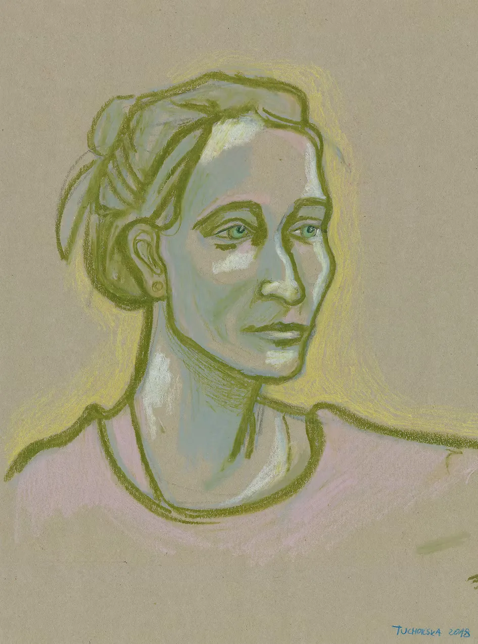 Pastel portrait of a woman with hair pulled back, in three-quarter view, rendered in soft green and blue tones on a warm beige background.