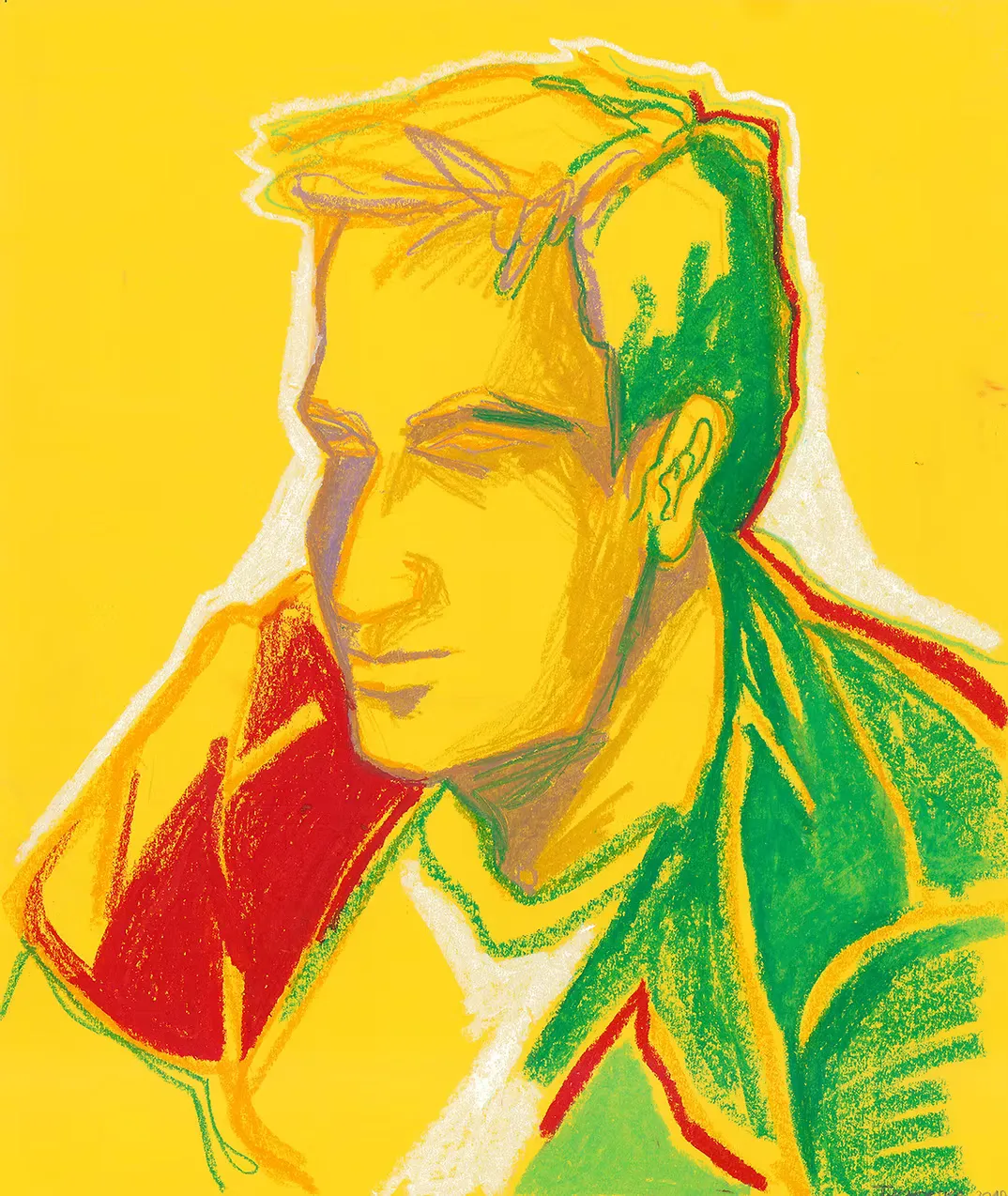 Pastel portrait of a young man looking slightly downward, rendered in bold yellow, red and green tones on a bright yellow background.