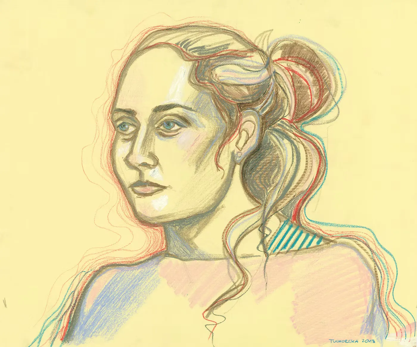 Delicate pencil and pastel portrait of a woman with loose hair in an updo, drawn in fine multicoloured lines on yellow paper.