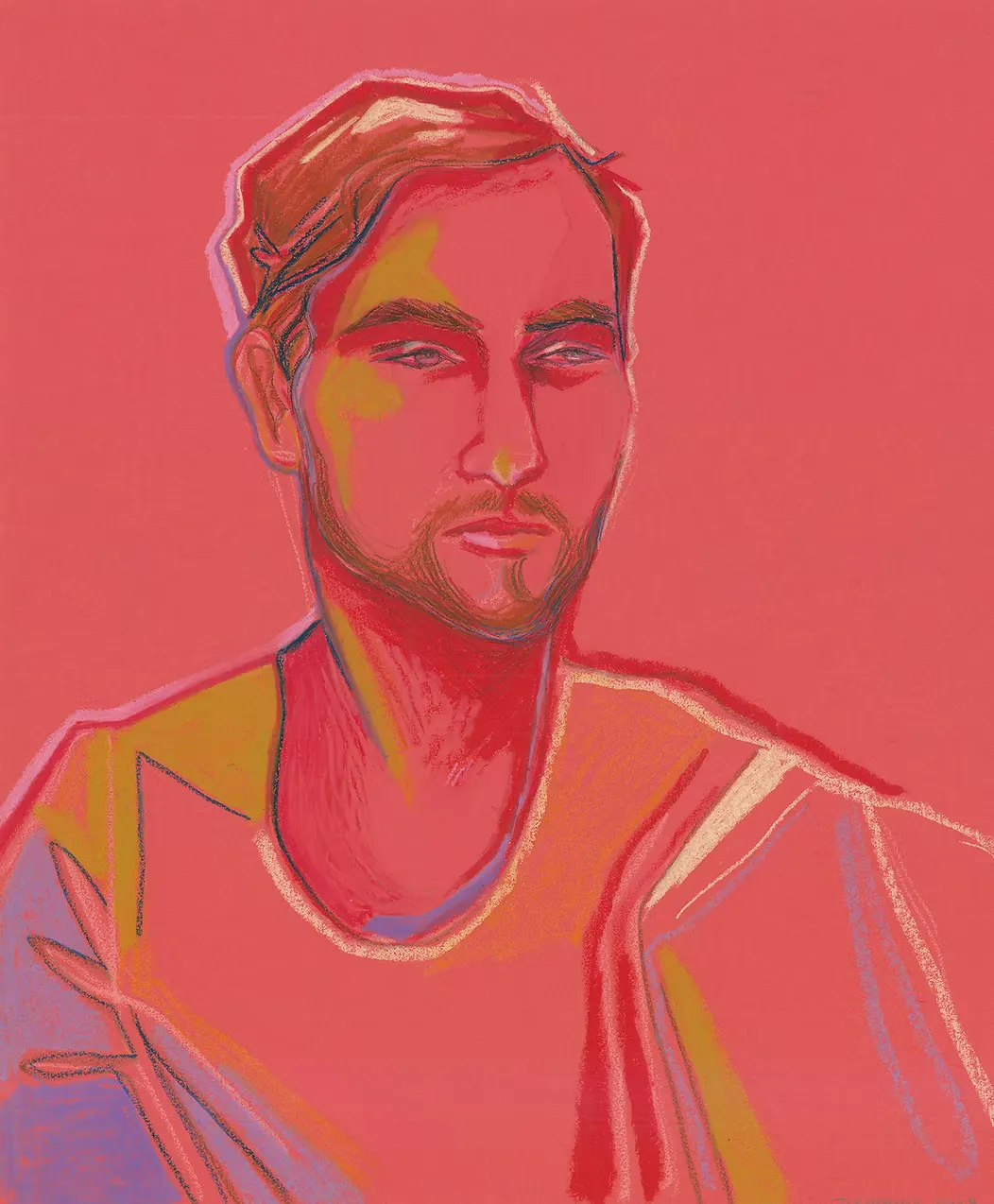 Pastel portrait of a man facing forward, rendered in pink, coral and purple tones on a deep pink-red background.