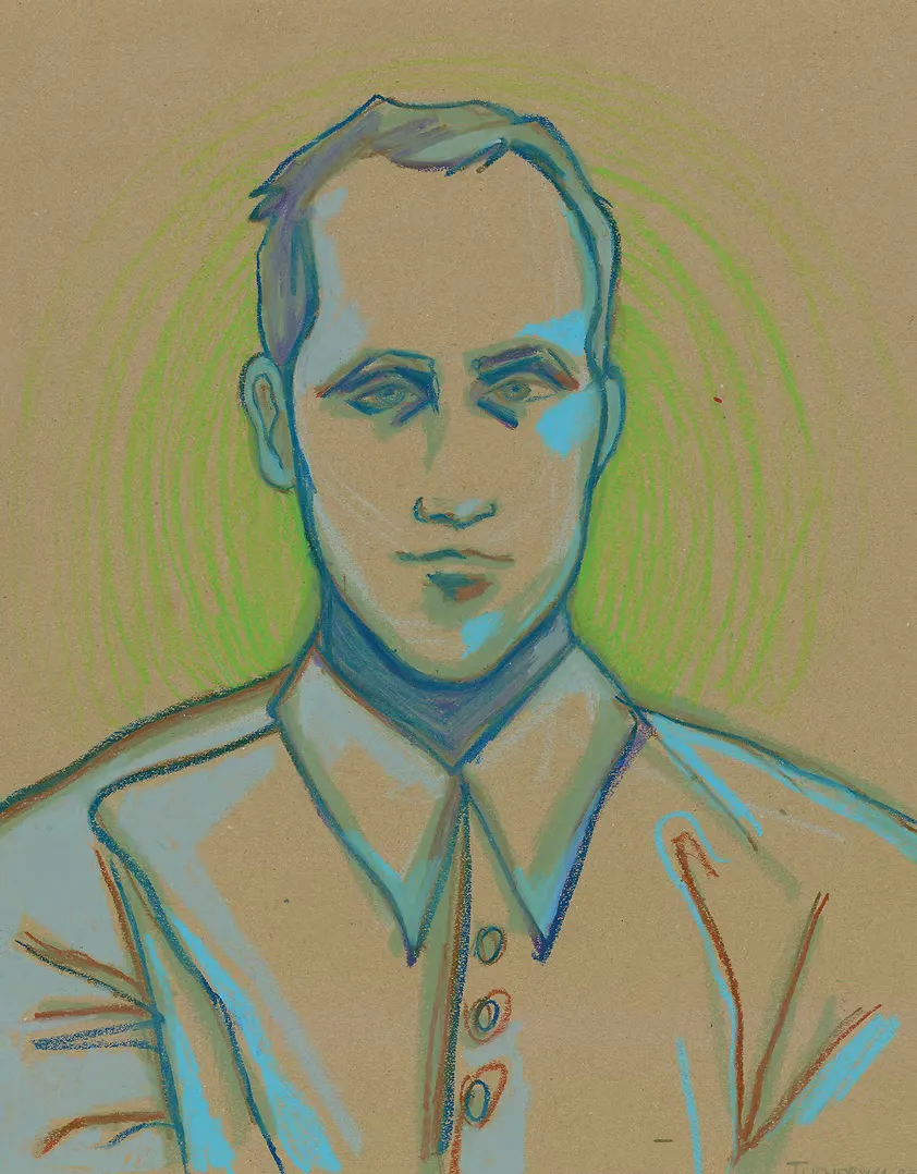 Pastel portrait of a man with a faint glowing halo, rendered in blue-green tones on brown kraft paper, wearing a buttoned shirt.