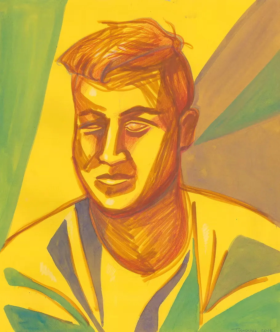Pastel portrait of a young man with eyes slightly downcast, rendered in warm yellow and orange tones with geometric rays in the background.