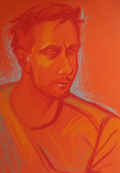 Pastel portrait of a man in three-quarter profile, rendered in warm red and orange tones against a vivid red-orange background.