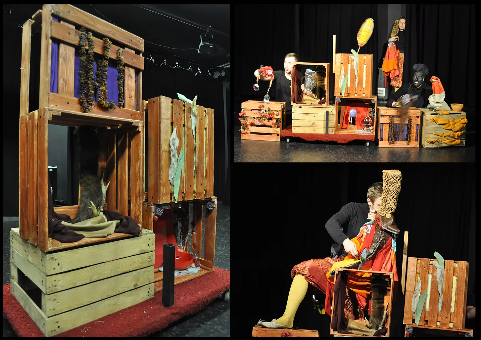 Triptych documenting a puppet theater performance: wooden crate staging filled with organic fish and animal puppets; performers operating characters above the stage; a seated puppeteer in dialogue with a large headdress figure. Entirely handmade, earthy and ecological.