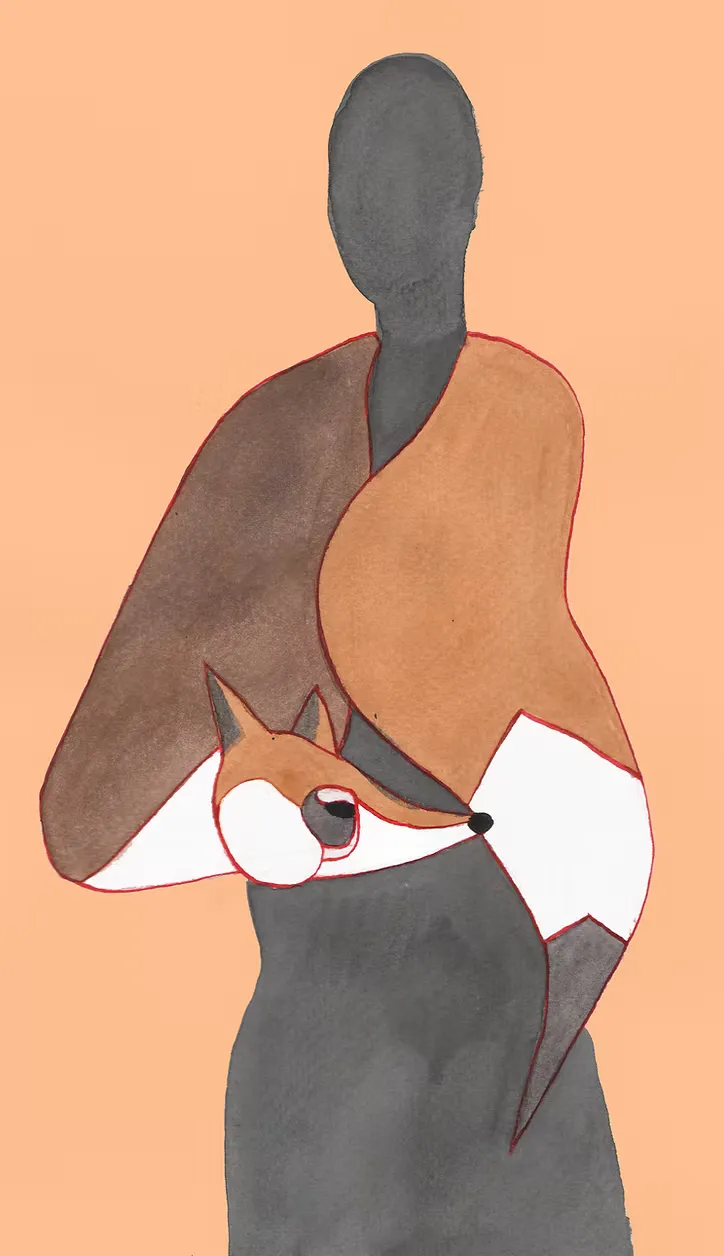 Watercolor illustration — a gray humanoid figure cradles a sleeping fox against its chest, the animal rendered in warm orange and white. A tender companion piece to the fox-carrier of puppets-13.