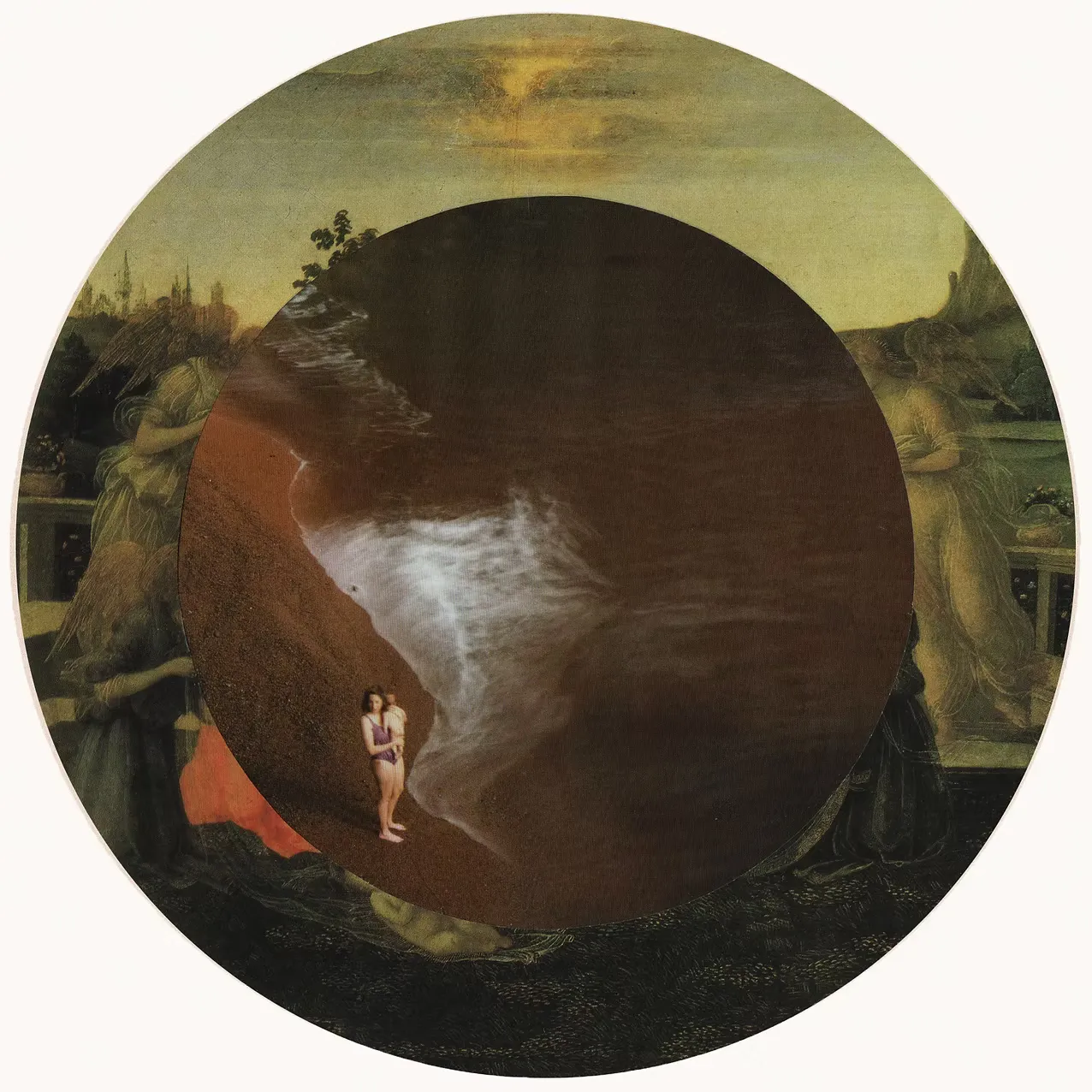 Surreal mixed media collage titled Sacred Time, from The Holy Ground series, exploring the sacred dimensions of womanhood.