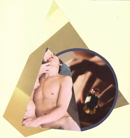 Mixed media collage with nude figure, geometric shapes, and circular mirror element.