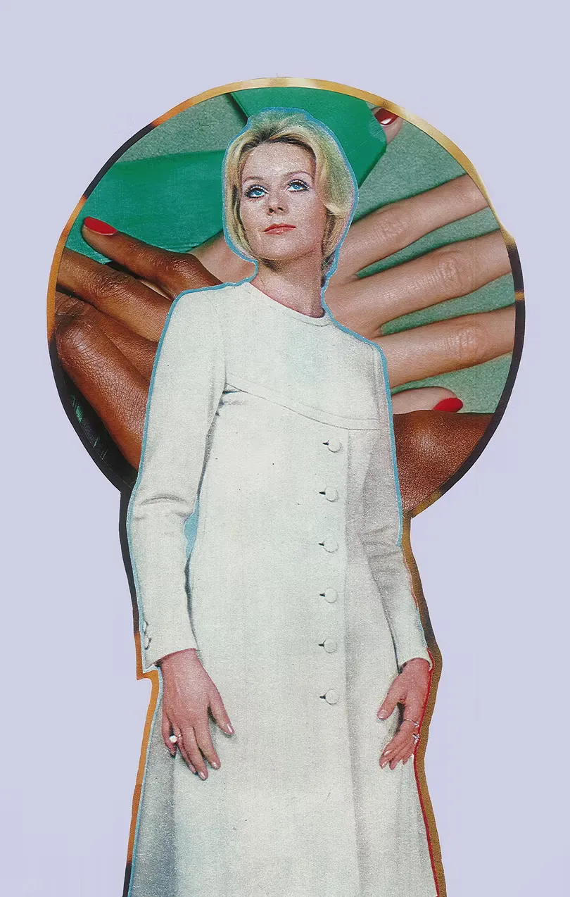 Surreal mixed media collage titled Touches II, from The Holy Ground series, examining touch and intimacy.