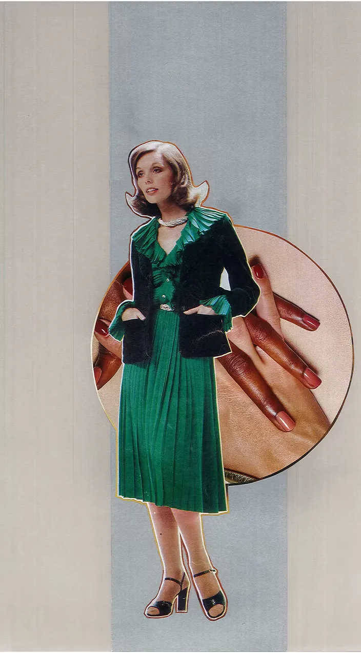 Surreal mixed media collage titled Touches, from The Holy Ground series, examining touch and intimacy.